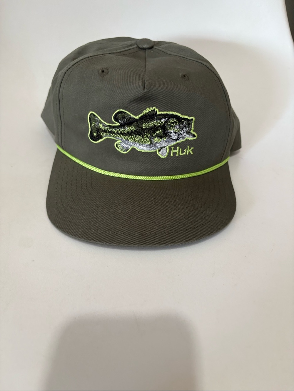 Huk SnapBack men’s stitch fish brim rope trucker hat green bass embroidered